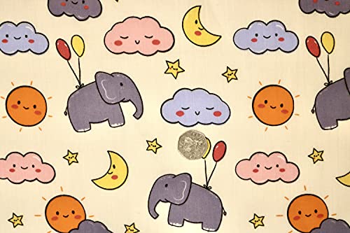 Pyrhan Flying Elephant Dumbo Digital Polycotton Prints –45 Inch Wide Dress Fabric Material by The Metre -Floral Polycotton Print Used in Sewing Kit and Accessories-Quilting Fabric (Ivory)