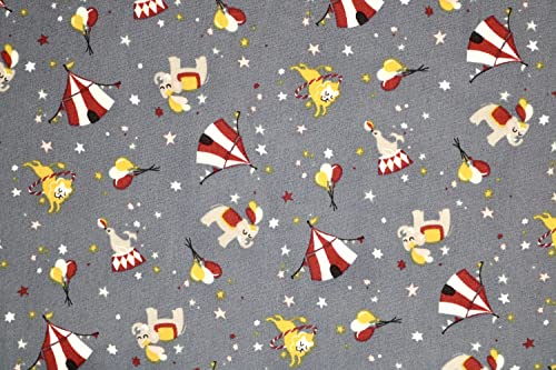 Pyrhan Elephant Lion Circus Balloons Stars 100% Pure Cotton Prints – 45 inches Wide Fabric Sold by The metre - Perfect for Sewing Projects and Dress Making (Grey)