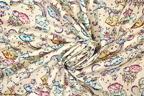Pyrhan 100% Cotton Poplin by Rose & Hubble | Fairytale Unicorn with Clouds Moon Heats Teddy Bear Printed Cotton Fabric by The Metre UK | 114 Cm | Crafting & Dressmaking Fabric (Ivory)