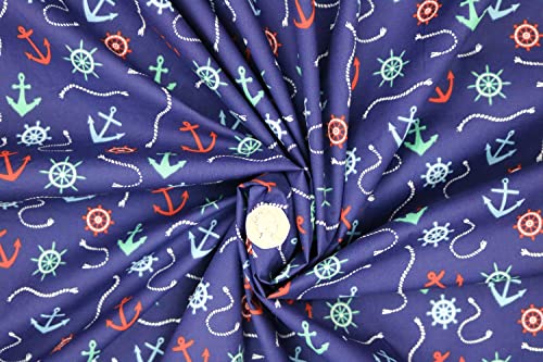 Pyrhan Anchor Patterned Polycotton Prints –Similar to 100% Cotton Fabric by Metre -45 inches Wide Perfect Fabric Material for Sewing for Beach Theme Projects- Fabric by Metre Clearance.
