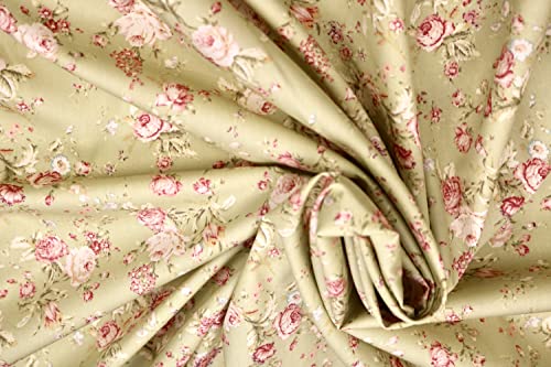 Pyrhan 100% Cotton Poplin by Rose & Hubble | Rose Floral Printed Cotton Fabric by The Metre UK | 114 Cm | Crafting Fabric & Dressmaking Fabric | Dress Fabric Material for Sewing Dressmaking (Green)