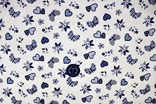 Pyrhan Butterfly Patchwork Hearts Patterned Printed Fabric -45 Inch Wide Polycotton Fabric Per Metre- Similar to 100% Cotton - Quilting Fabric Used in Sewing Kits and Accessories.