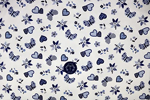 Pyrhan Butterfly Patchwork Hearts Patterned Printed Fabric -45 Inch Wide Polycotton Fabric Per Metre- Similar to 100% Cotton - Quilting Fabric Used in Sewing Kits and Accessories (Ivory-Blue)