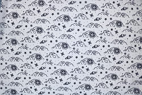 Pyrhan Libby Art & Craft Polycotton Astronomical & Mystical Moon Face Sun Face Clouds Stars Prints –45 Inch Wide Dress Fabric Material by The Metre -Floral Polycotton Print Used in Sewing Kit (Sky)