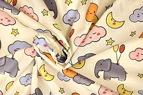 Pyrhan Flying Elephant Dumbo Digital Polycotton Prints –45 Inch Wide Dress Fabric Material by The Metre -Floral Polycotton Print Used in Sewing Kit and Accessories-Quilting Fabric (Ivory)