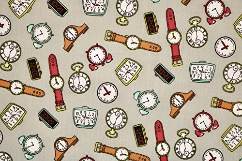 Pyrhan Libby Art & Craft Watch Gallery Wrist Watch Alarm Clock Poplin Polycotton Prints –45 Inch Wide Dress Fabric Material by The Metre -Floral Polycotton Print Used in Sewing Kit (Grey)
