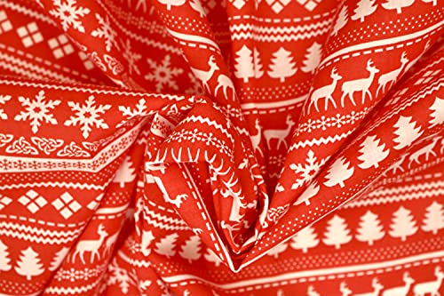 Pyrhan Red Christmas Snow Flakes Design Polycotton Prints –45 Inch Wide Dress Fabric Material by The Metre -Floral Polycotton Print Used in Sewing Kit and Accessories. (Red Reindeer Star)
