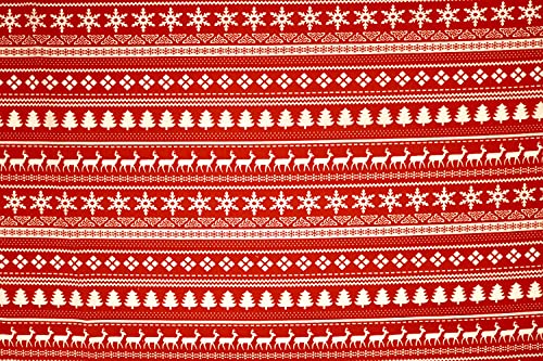 Pyrhan Red Christmas Snow Flakes Design Polycotton Prints –45 Inch Wide Dress Fabric Material by The Metre -Floral Polycotton Print Used in Sewing Kit and Accessories. (Red Reindeer Star)