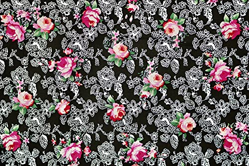 Pyrhan Roses with White Leafs 100% Pure Cotton Prints – 60 inches (Approx) Wide Fabric by The metre - Perfect for Sewing Projects and Dress Making - Cotton Fabric by The Metre Clearance (Black)