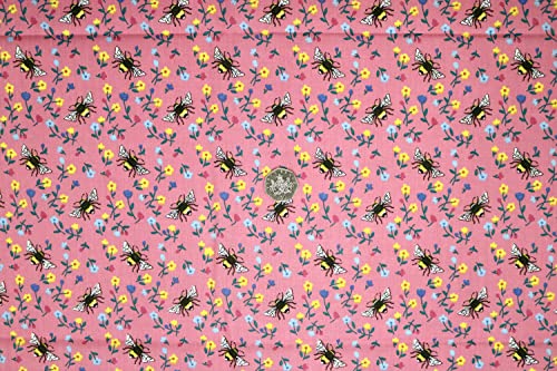 Pyrhan Bumble Bee I Love MCR Honey Bee Polycotton Prints | 45 Inch Wide Dress Craft Fabric Material by The Metre | Floral Polycotton Print Used in Sewing Kit and Accessories-Quilting Fabric (Pink)