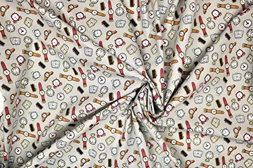 Pyrhan Libby Art & Craft Watch Gallery Wrist Watch Alarm Clock Poplin Polycotton Prints –45 Inch Wide Dress Fabric Material by The Metre -Floral Polycotton Print Used in Sewing Kit (Grey)