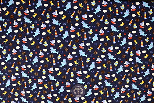 Pyrhan Sailer Seal Anchor Ocean Light Tower 100% Pure Cotton Prints – 45 inches (114 cm Approx) Wide Fabric Sold by The metre - Perfect for Sewing Projects and Dress Making (Navy)