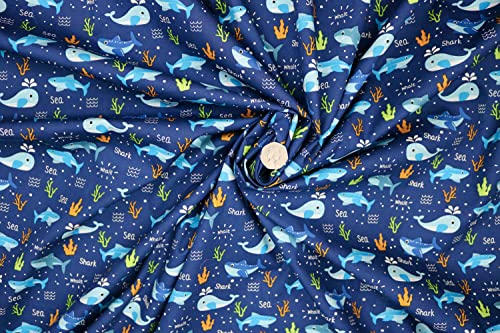 Pyrhan 100% Cotton Fabric by Rose & Hubble | Shark & Whales in Ocean Printed Cotton Fabric by The Metre UK |45 inches (114 cm)| Crafting Fabric & Dressmaking Fabric | Dress Fabric Material (Navy)