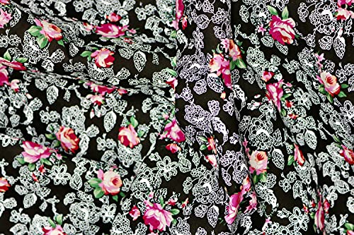 Pyrhan Roses with White Leafs 100% Pure Cotton Prints – 60 inches (Approx) Wide Fabric by The metre - Perfect for Sewing Projects and Dress Making - Cotton Fabric by The Metre Clearance (Black)