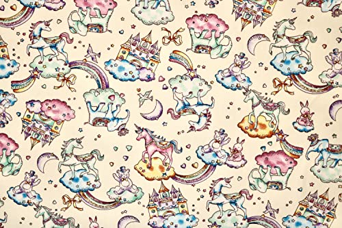 Pyrhan 100% Cotton Poplin by Rose & Hubble | Fairytale Unicorn with Clouds Moon Heats Teddy Bear Printed Cotton Fabric by The Metre UK | 114 Cm | Crafting & Dressmaking Fabric (Ivory)