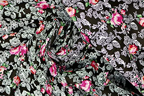 Pyrhan Roses with White Leafs 100% Pure Cotton Prints – 60 inches (Approx) Wide Fabric by The metre - Perfect for Sewing Projects and Dress Making - Cotton Fabric by The Metre Clearance (Black)