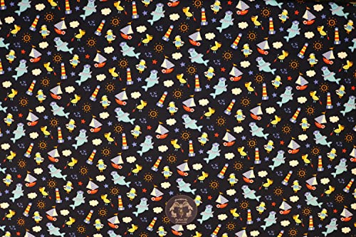 Pyrhan Sailer Seal Anchor Ocean Light Tower 100% Pure Cotton Prints – 45 inches (114 cm Approx) Wide Fabric Sold by The metre - Perfect for Sewing Projects and Dress Making (Navy)
