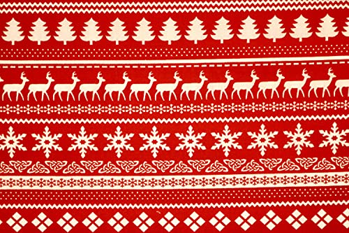 Pyrhan Red Christmas Snow Flakes Design Polycotton Prints –45 Inch Wide Dress Fabric Material by The Metre -Floral Polycotton Print Used in Sewing Kit and Accessories. (Red Reindeer Star)