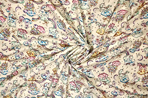 Pyrhan 100% Cotton Poplin by Rose & Hubble | Fairytale Unicorn with Clouds Moon Heats Teddy Bear Printed Cotton Fabric by The Metre UK | 114 Cm | Crafting & Dressmaking Fabric (Ivory)
