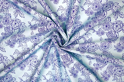Pyrhan Floral Roses Pencil Sketch Polycotton Prints –Polycotton Fabric Similar to 100% Cotton Prints- Material by The Metre -Floral Polycotton Print Used in Sewing Kit and Accessories-Quilting Fabric
