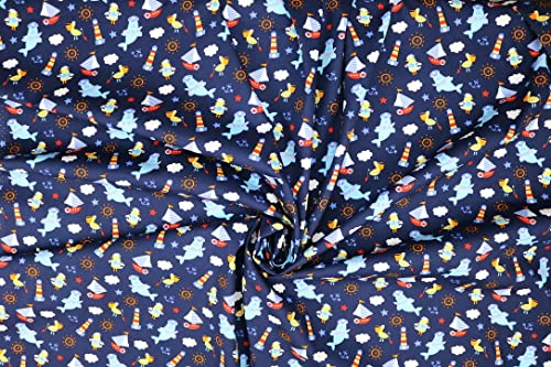 Pyrhan Sailer Seal Anchor Ocean Light Tower 100% Pure Cotton Prints – 45 inches (114 cm Approx) Wide Fabric Sold by The metre - Perfect for Sewing Projects and Dress Making (Navy)