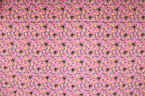 Pyrhan Bumble Bee I Love MCR Honey Bee Polycotton Prints | 45 Inch Wide Dress Craft Fabric Material by The Metre | Floral Polycotton Print Used in Sewing Kit and Accessories-Quilting Fabric (Pink)