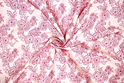 Pyrhan Floral Roses Pencil Sketch Polycotton Prints –Polycotton Fabric Similar to 100% Cotton Prints- Material by The Metre -Floral Polycotton Print Used in Sewing Kit and Accessories-Quilting Fabric