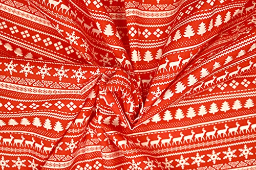 Pyrhan Red Christmas Snow Flakes Design Polycotton Prints –45 Inch Wide Dress Fabric Material by The Metre -Floral Polycotton Print Used in Sewing Kit and Accessories. (Red Reindeer Star)