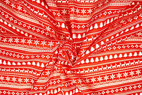 Pyrhan Red Christmas Snow Flakes Design Polycotton Prints –45 Inch Wide Dress Fabric Material by The Metre -Floral Polycotton Print Used in Sewing Kit and Accessories. (Red Reindeer Star)