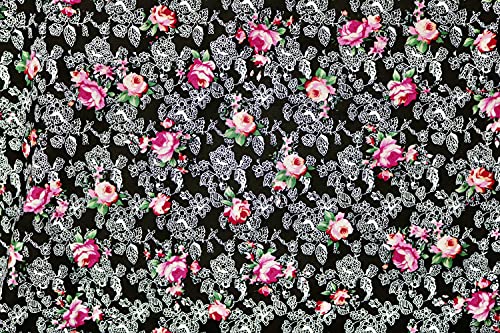 Pyrhan Roses with White Leafs 100% Pure Cotton Prints – 60 inches (Approx) Wide Fabric by The metre - Perfect for Sewing Projects and Dress Making - Cotton Fabric by The Metre Clearance (Black)