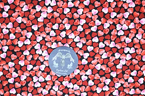 Pyrhan Rose Petal Hearts 100% Pure Cotton Prints – 45 inches (114 cm Approx) Wide Fabric Sold by The metre - Perfect for Sewing Projects and Dress Making. (Black)