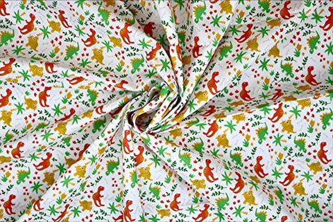 Pyrhan Cartoon Dinosaur Polycotton Prints | 45 Inch Wide Dress Craft Fabric Material by The Metre | Floral Polycotton Print Used in Sewing Kit and Accessories-Quilting Fabric (Green White)