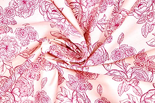 Pyrhan Floral Roses Pencil Sketch Polycotton Prints –Polycotton Fabric Similar to 100% Cotton Prints- Material by The Metre -Floral Polycotton Print Used in Sewing Kit and Accessories-Quilting Fabric